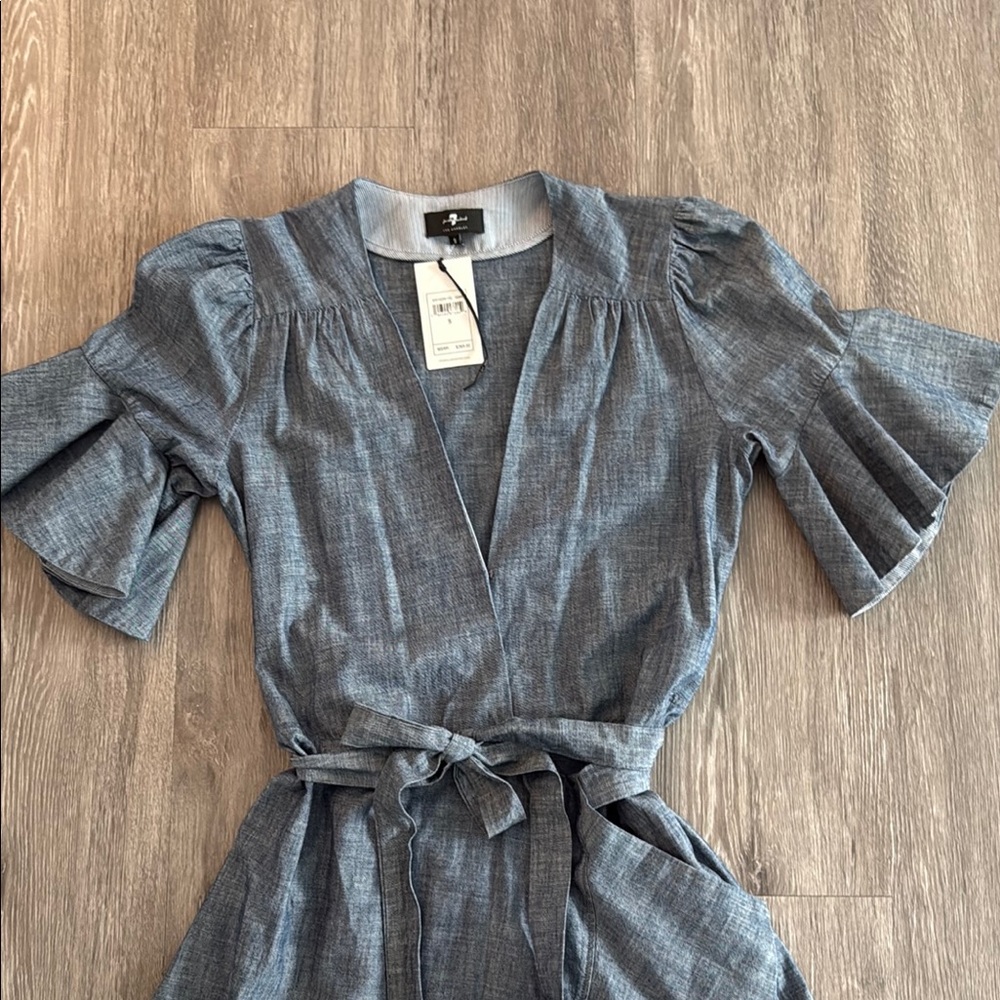 7 For All Mankind Blue Ruffled Flutter Sleeve Mini Dress - Picture 7 of 9